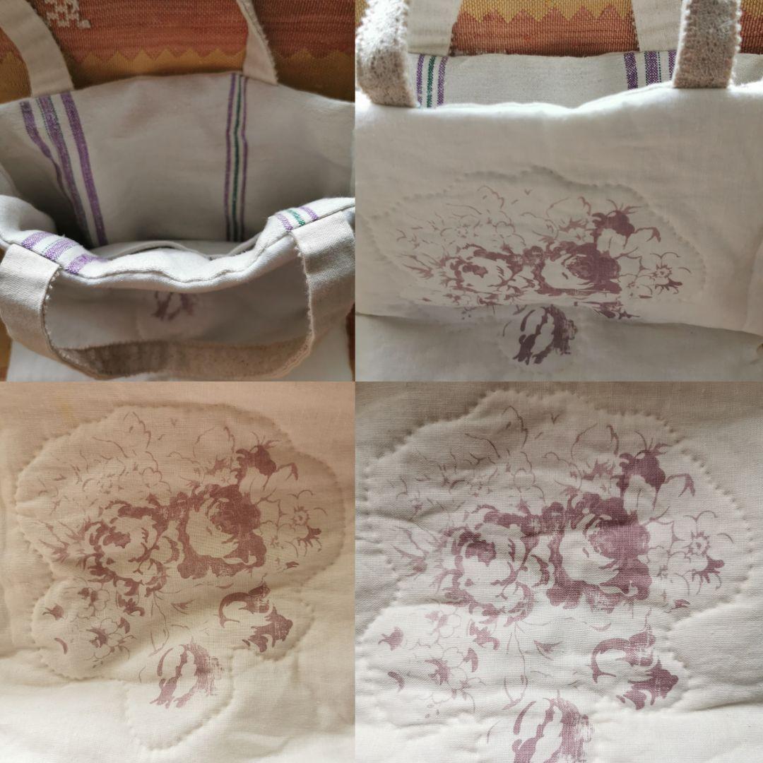 ハンドメイド✃アンティークホームスパンリネン＆キャベジズ花柄リバーシブルトート