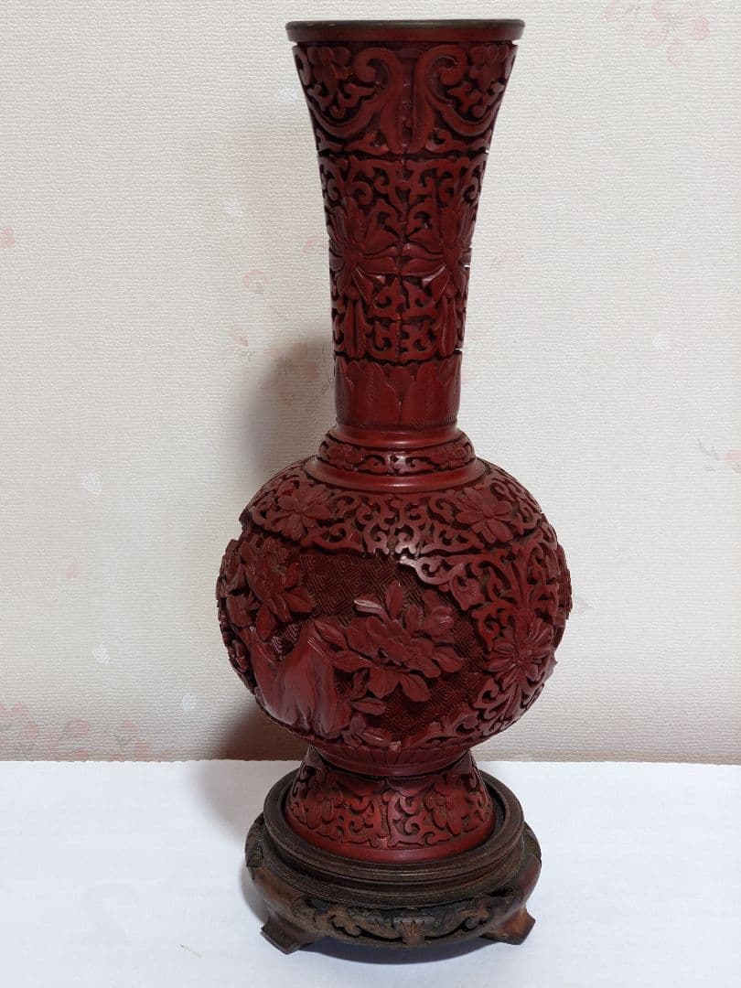 ♦中国古玩 古美術品 堆朱彫漆天球瓶 漆芸 花器飾り 置物 血赤色骨董品レア物