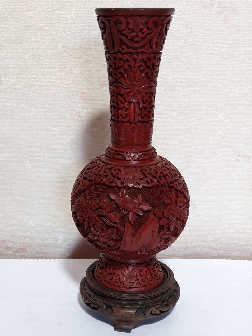 ♦中国古玩 古美術品 堆朱彫漆天球瓶 漆芸 花器飾り 置物 血赤色骨董品レア物