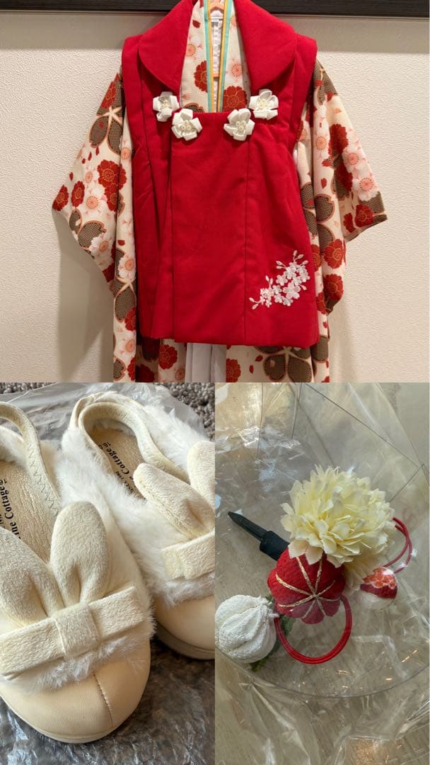 値下げ★赤と白の花柄 被布着 スリッポン 髪飾りセット 七五三 女の子 三歳
