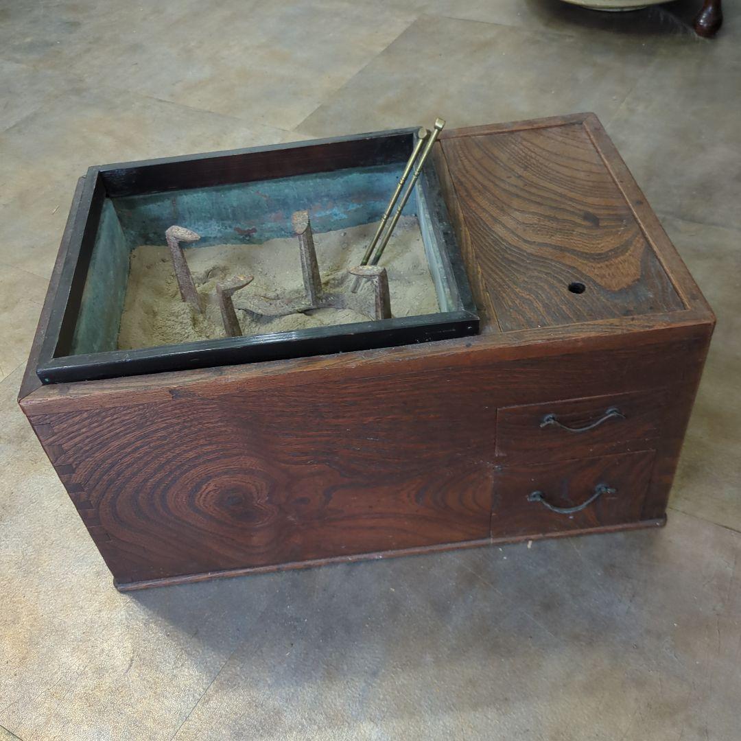 骨董 長火鉢 瓢箪五徳、火箸、灰付き 引き出し 関東火鉢 小振り