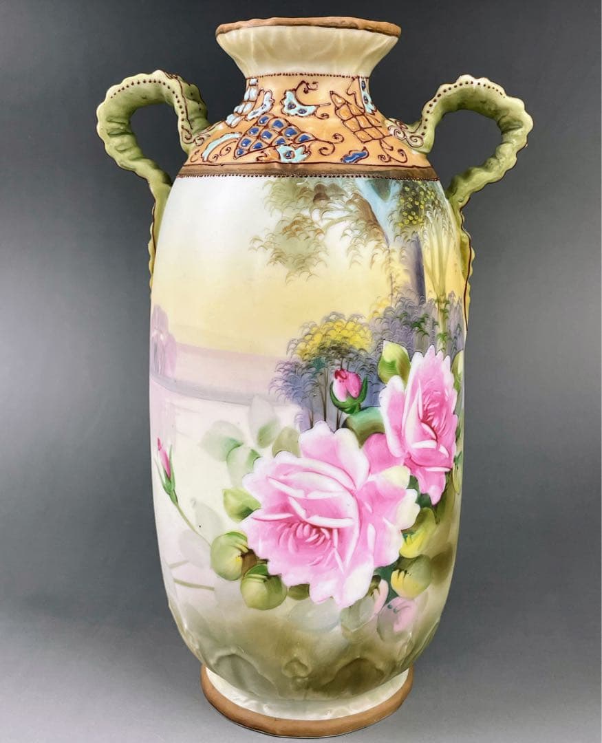 【美品】オールドノリタケ 約２５cm 薔薇紋 エナメル盛り 花瓶 アールヌーボー