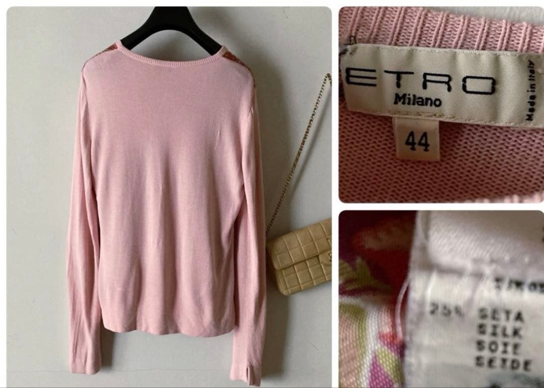 エトロ ＊上質スカーフ柄シルクサテン クルーネックゆるいニットカーディガン