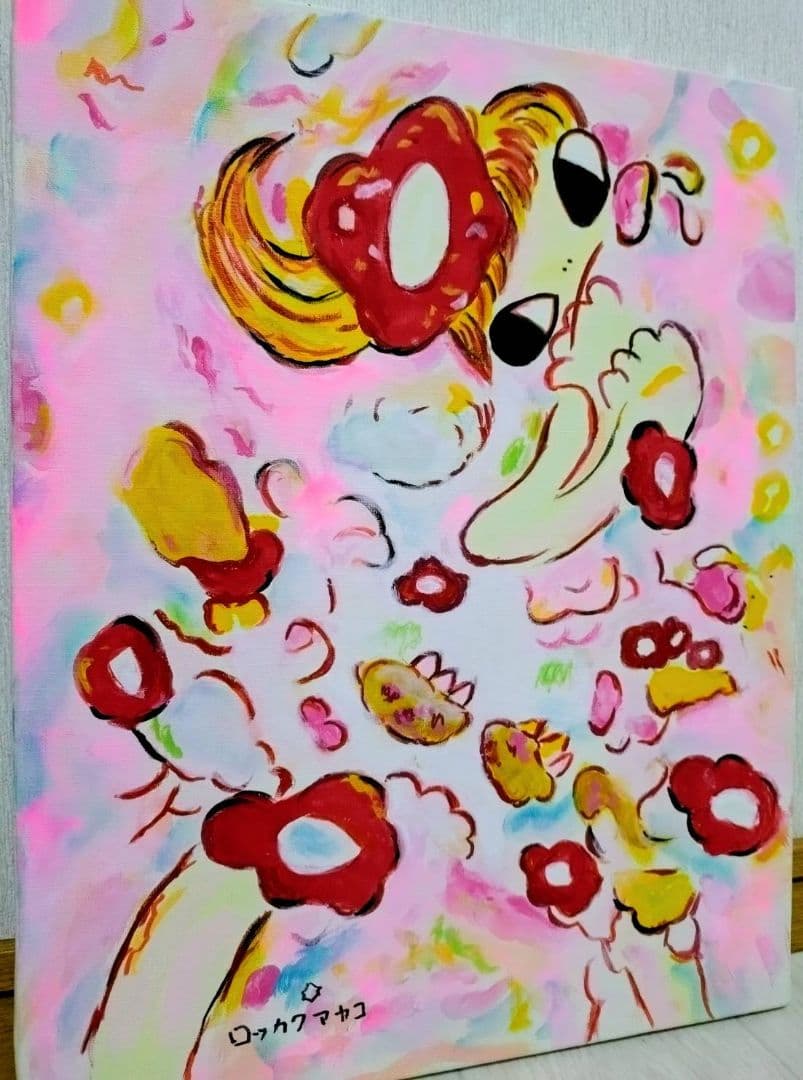 【F6号】ロッカクアヤコ　手描き作品/表裏サイン・裏描き有/油彩/アクリル/額縁