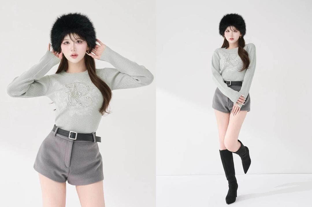 ダーリッチ darich DRビジューフラワーリブニットトップス SAX