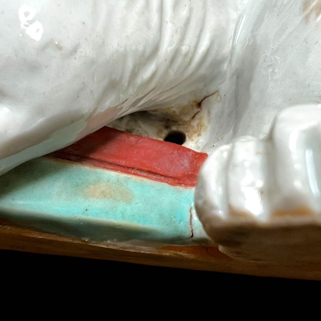 《古美術》陶器製 江戸期 古九谷 白磁扇子台座乗り金彩模様狛犬 箱付