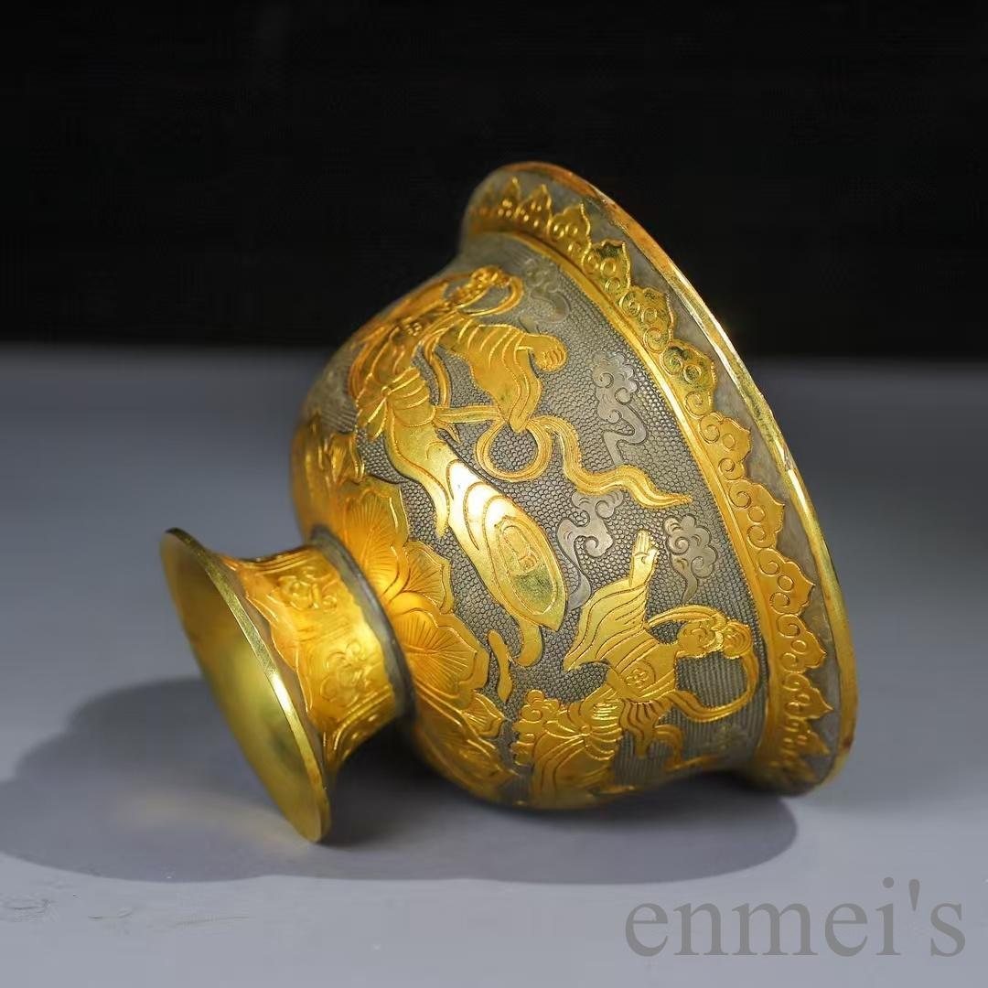中国古美術 鍍金銅碗 鏨刻手工 酒器 茶器 細密細工 置物 古賞物 古擺件 唐物