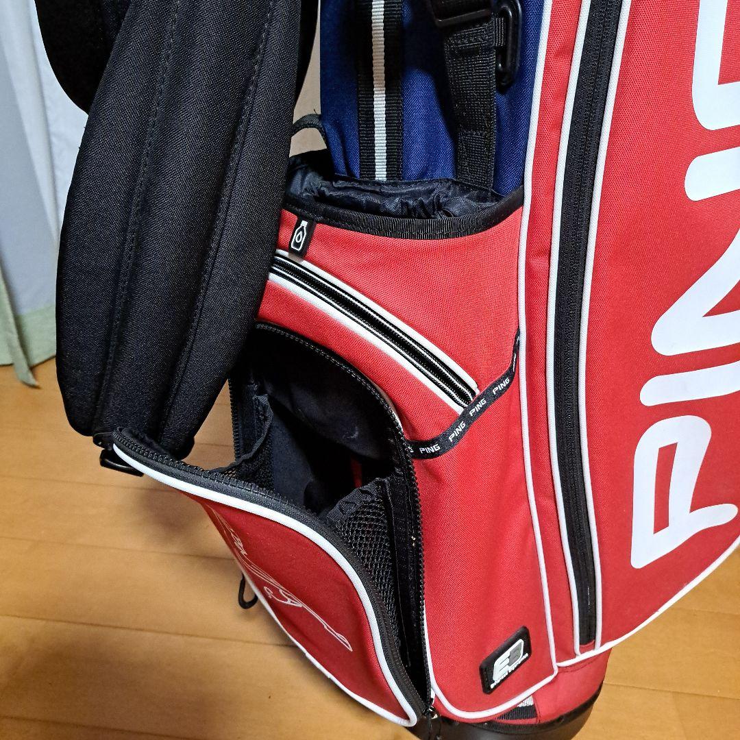 ピンスタンド式キャディバッグ-希少フード内蔵型、美品！レンチはオマケ。