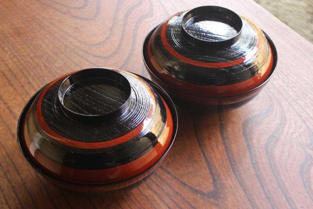 デッドストック！極上独塗分柿合わせに優美な見返雲錦蒔絵の映えるお椀2点（検山中塗