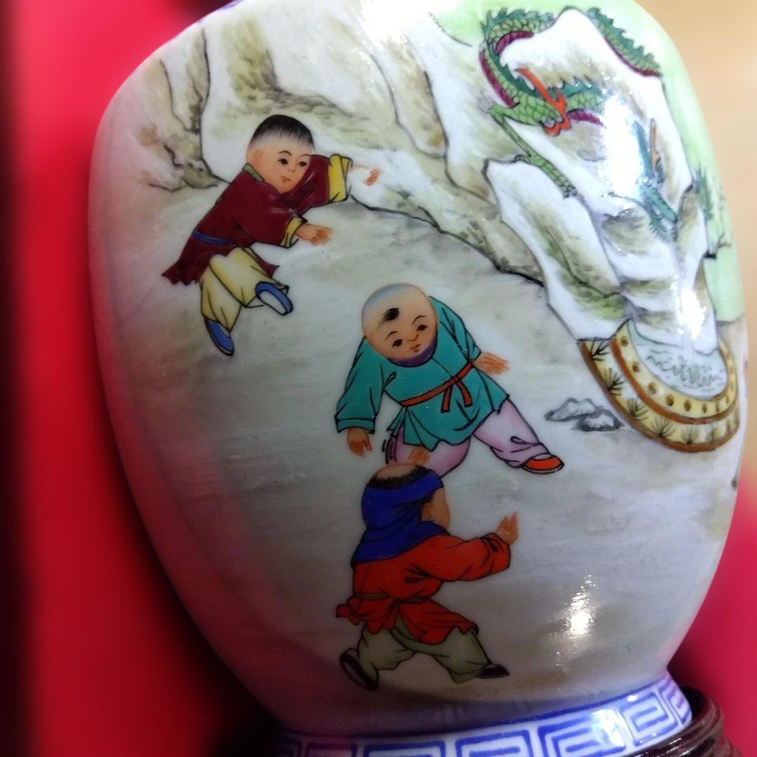 唐物　花瓶　陶磁器 花瓶 緑の持ち手 ドラゴン絵柄　唐子