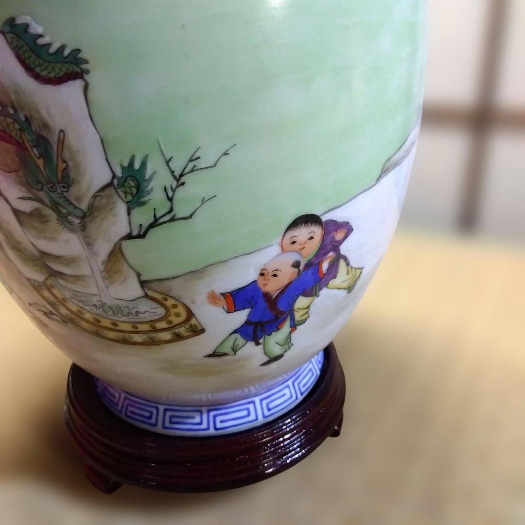 唐物　花瓶　陶磁器 花瓶 緑の持ち手 ドラゴン絵柄　唐子