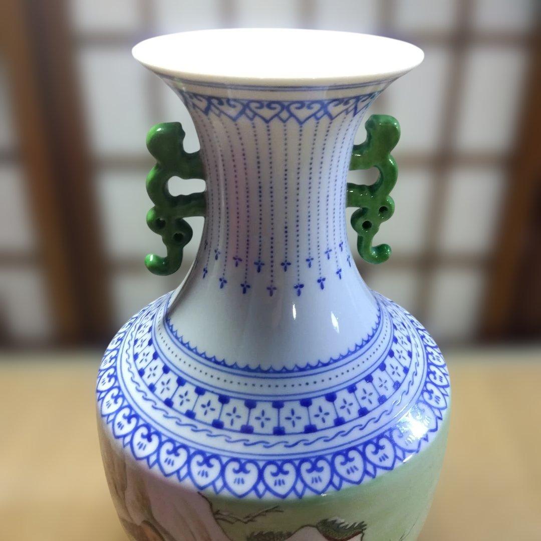 唐物　花瓶　陶磁器 花瓶 緑の持ち手 ドラゴン絵柄　唐子