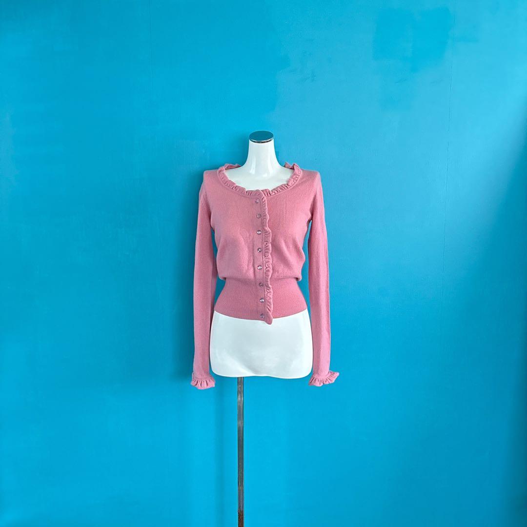 1537 EPOCAエポカ　フリル付きピンク長袖カシミアカーディガン　大人可愛い