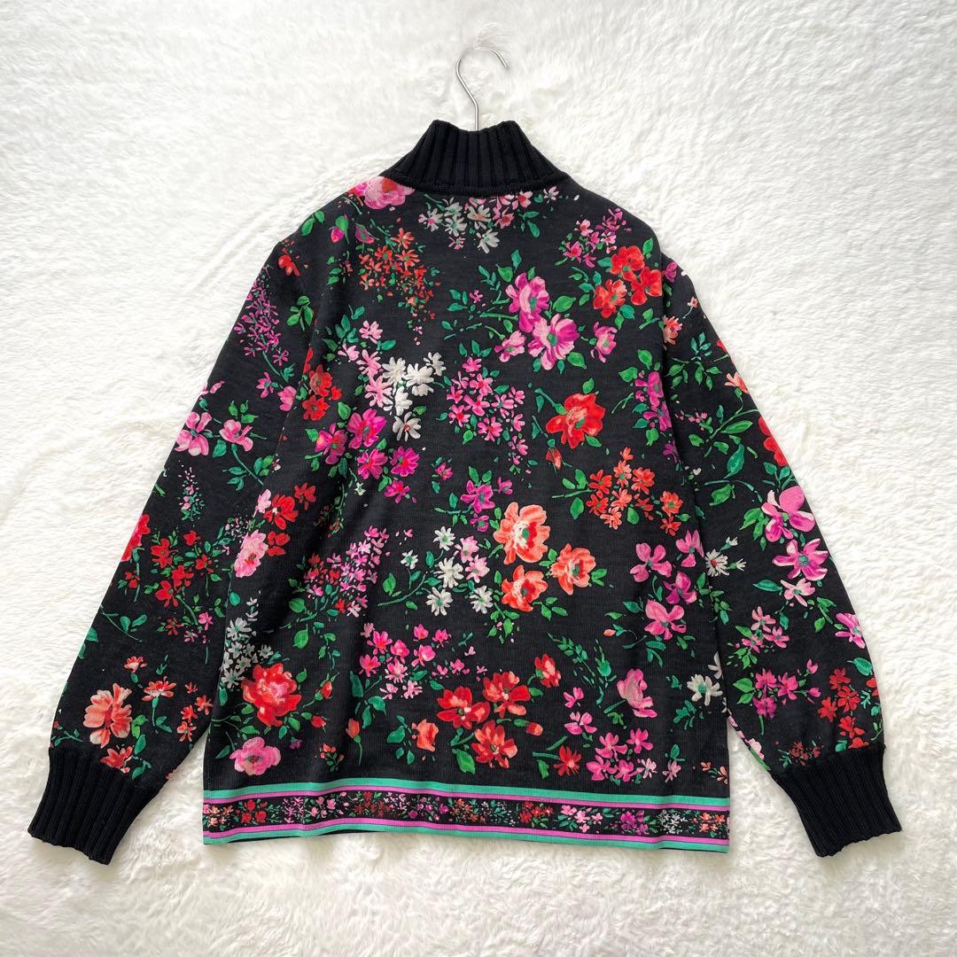 LEONARD シルク混フルジップカーディガン フラワー ブラック L