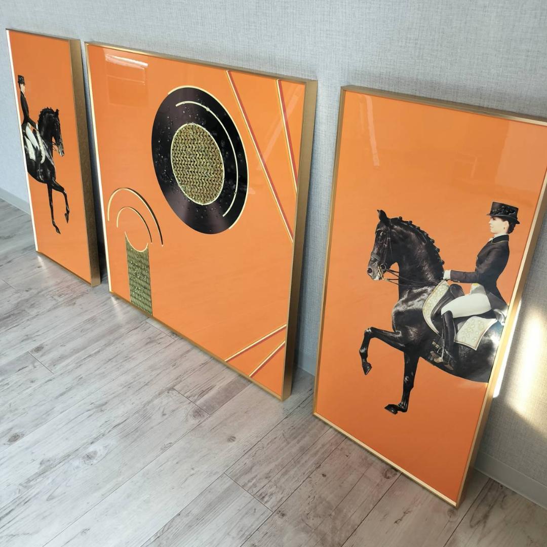 エルメス風　絵　オレンジ　騎手　馬と騎手のグラフィックアート3点セット