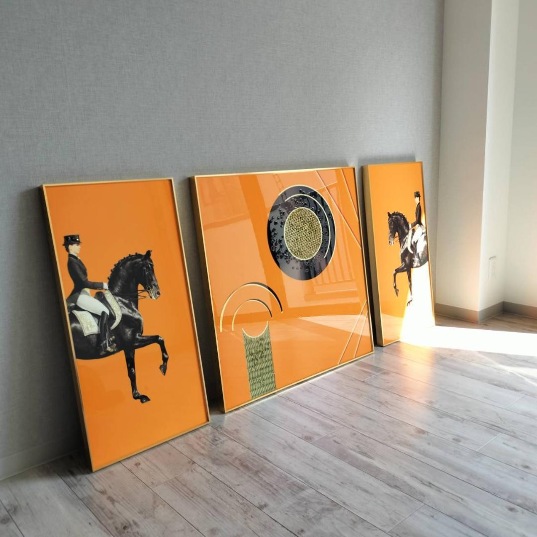 エルメス風　絵　オレンジ　騎手　馬と騎手のグラフィックアート3点セット