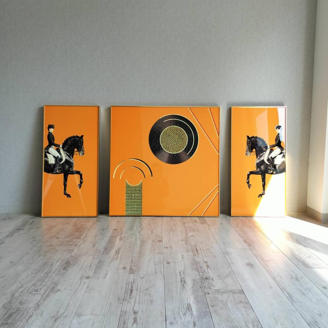 エルメス風　絵　オレンジ　騎手　馬と騎手のグラフィックアート3点セット
