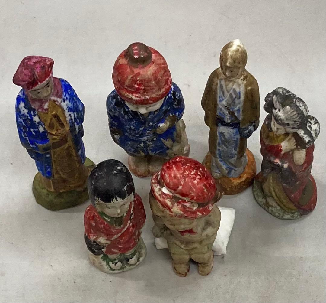 B427b「陶磁器人形 6体」戦前　レトロ　ヴィンテージ　男子　女子