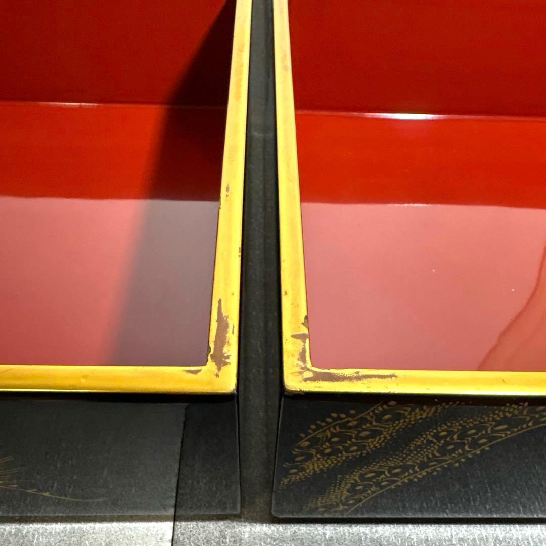 豪華セット◽️蒔絵 4段重箱 鶴松 重台付き 蓋2枚 漆器 骨董 昭和レトロ 正月