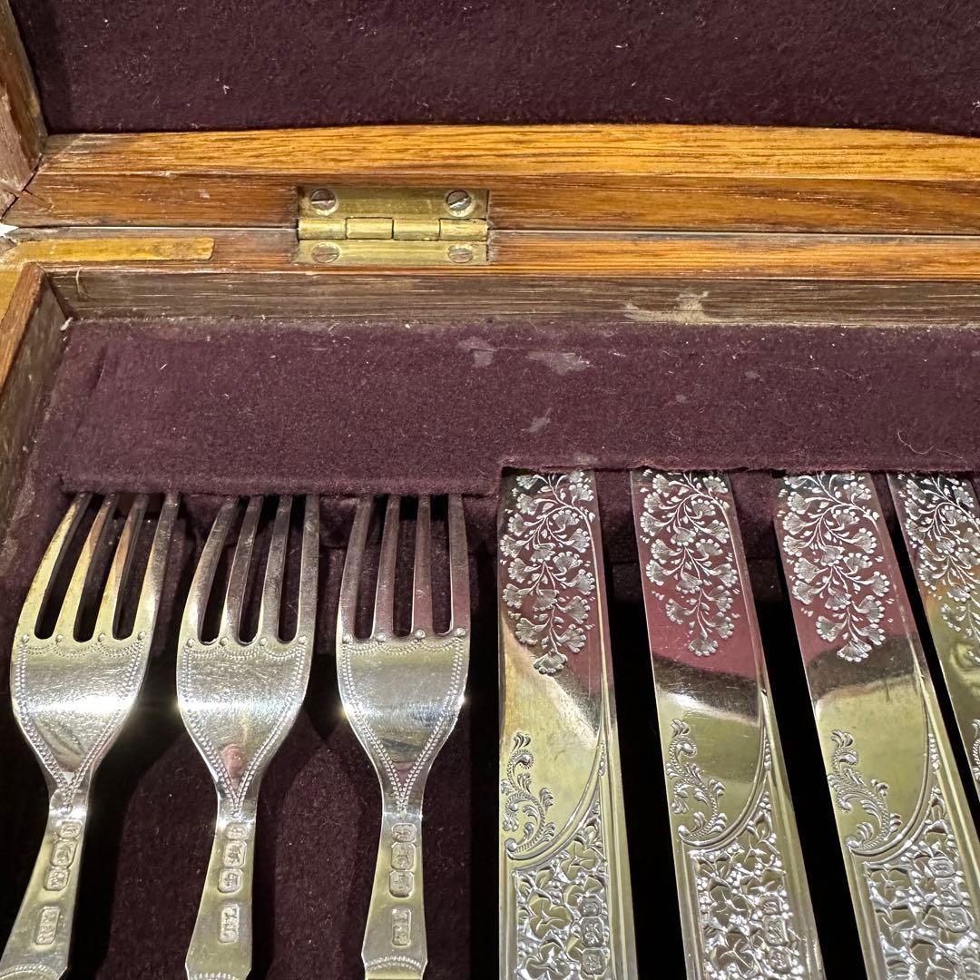 ⭐︎純銀継手 英国製 白蝶貝 マザーオブパールデザートナイフ&フォーク12本 木箱