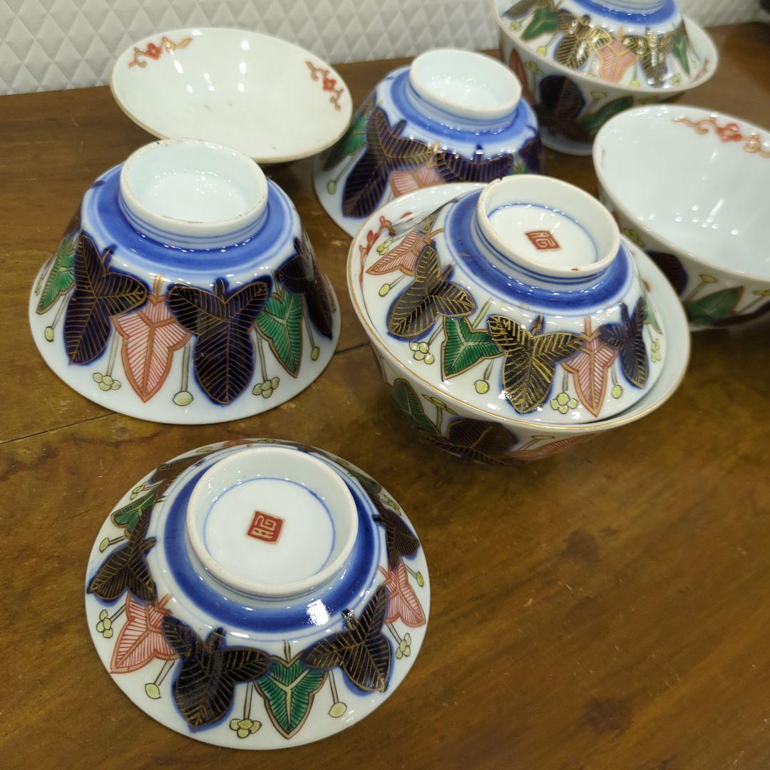 骨董 蓋茶碗 茶碗 陶器 色絵 煮物椀 向付 アンティーク 5つ〜