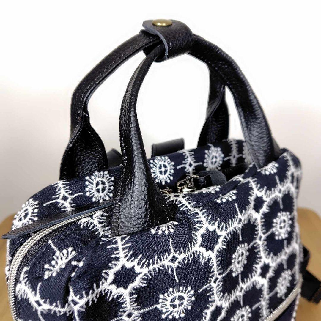 【専用】/タンバリンネイビー×アネモネ/ボストン型トートリュック本革黒