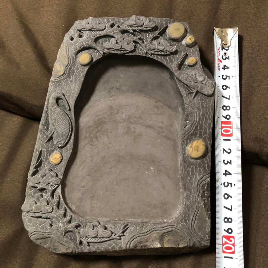 端渓名硯　中国硯　石目高級硯石　石筋模様　石眼多数　中国古美術　骨董　松刻鶴刻