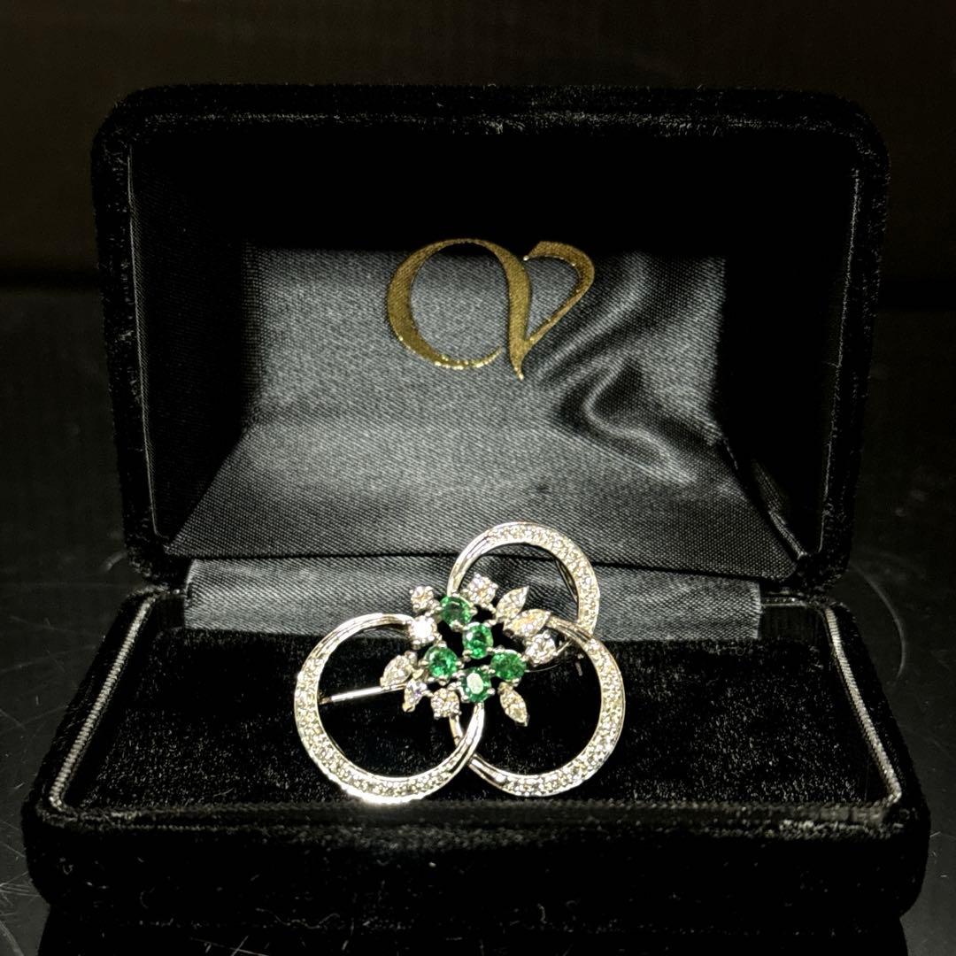 鑑定書付 Pt900 天然エメラルド ダイヤ 帯留 ブローチ