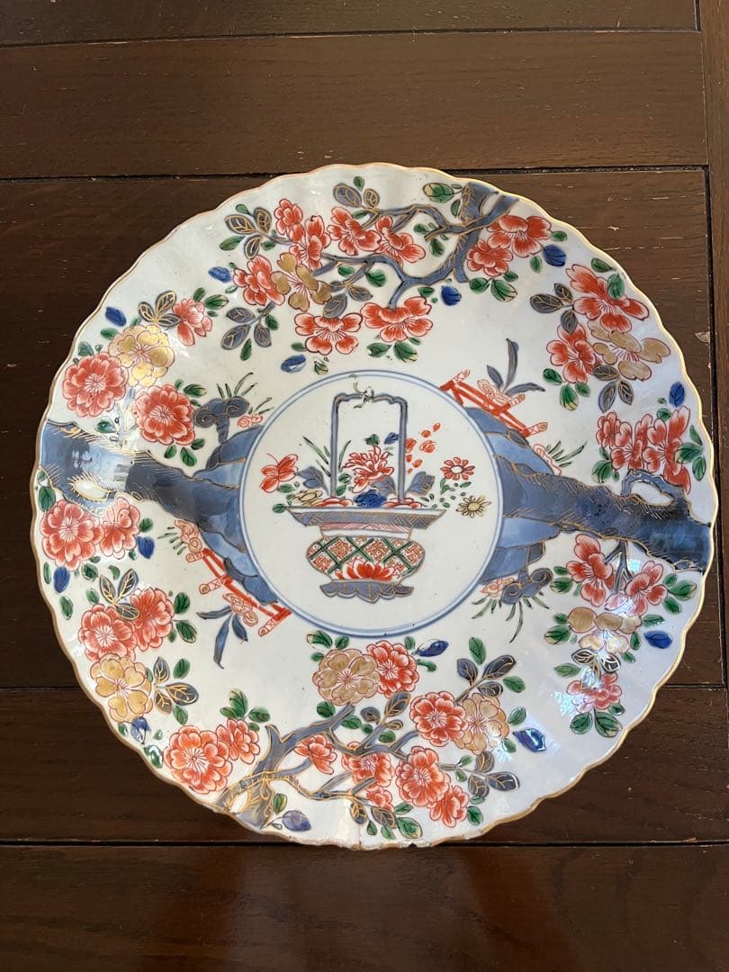 希少清朝初期　康熙年間　五彩　桜花輪花八寸皿　花籠　中国古玩古伊万里中国古美術