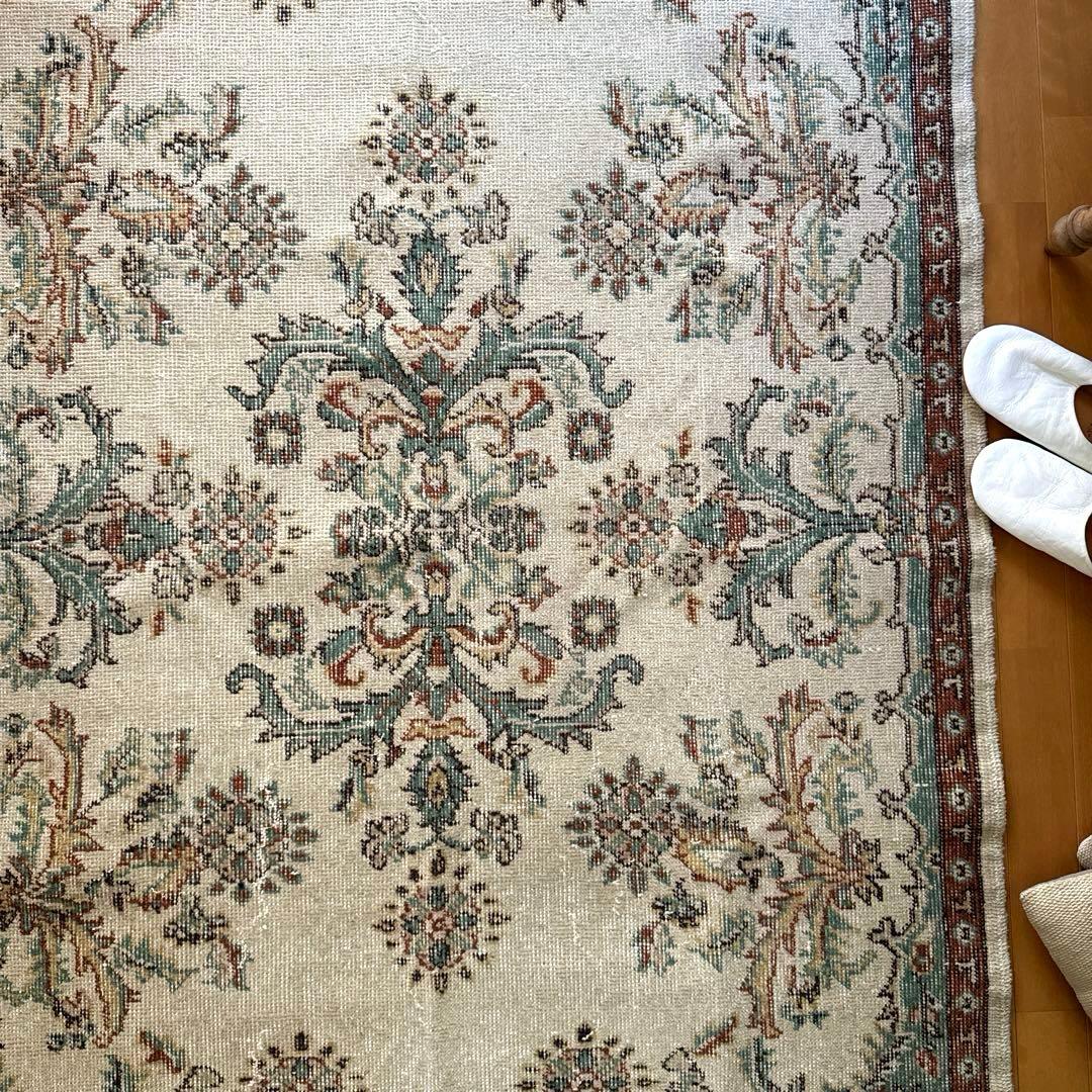 117×214 エメラルドグリーン　メダリオンボタニカル　トルコヴィンテージラグ