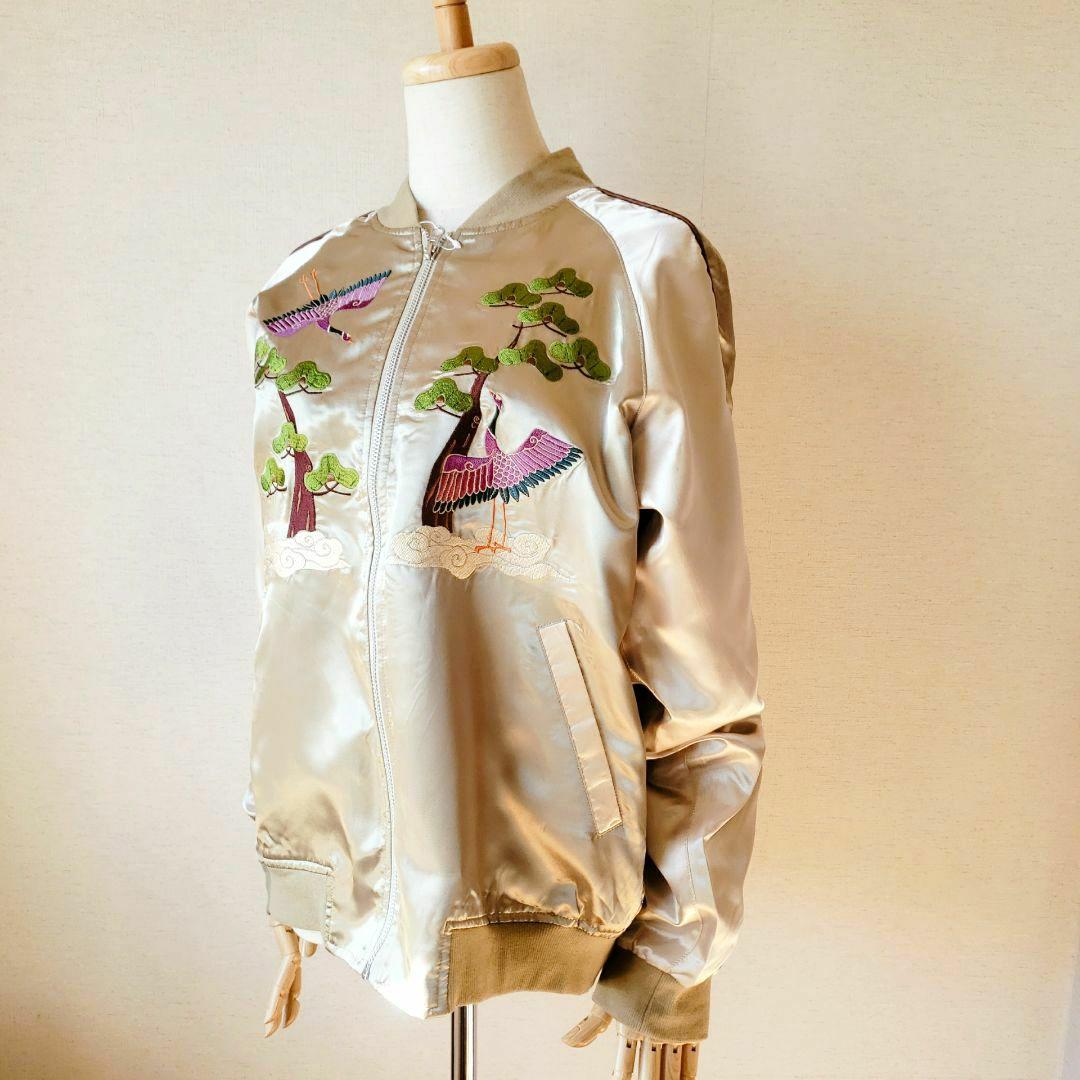 ★未着用★ マッシュマニア スカジャン ゴールド サテン 鶴 松 刺繍