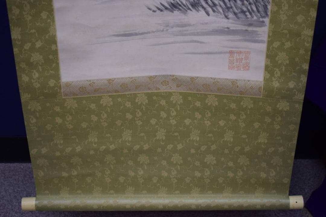 真作/矢野鉄山/山水人物舟画賛/桐題箱付/布袋屋掛軸HH-937