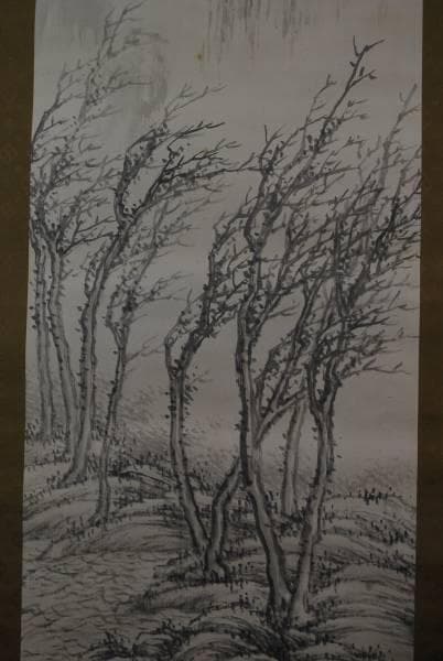 【真作】津田白印　秋風山水画賛　掛軸/名家伝来/K-318　J