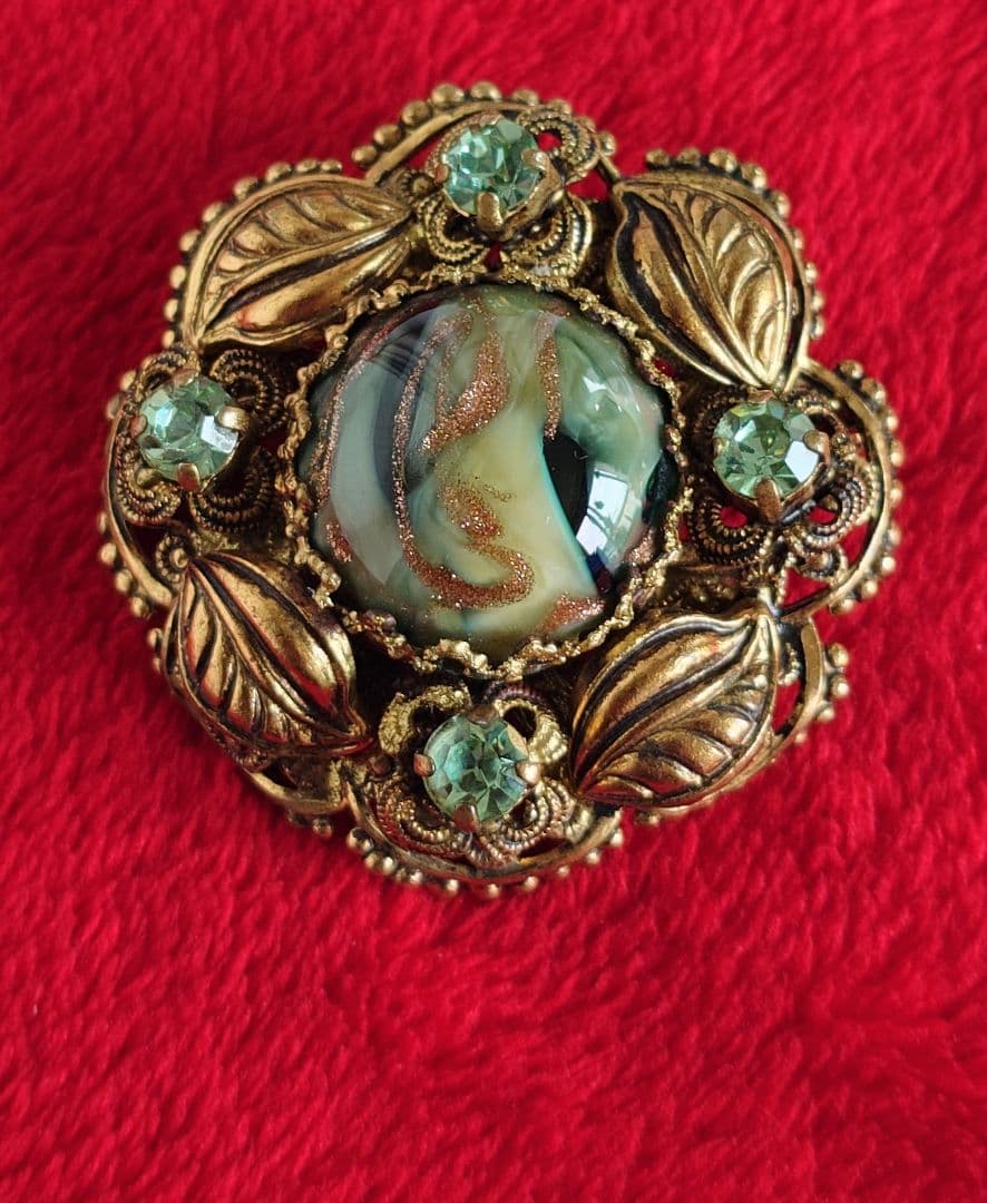 西ドイツヴィンテージ 1950s 希少 ブローチ 植物モチーフ 硝子装飾 D92