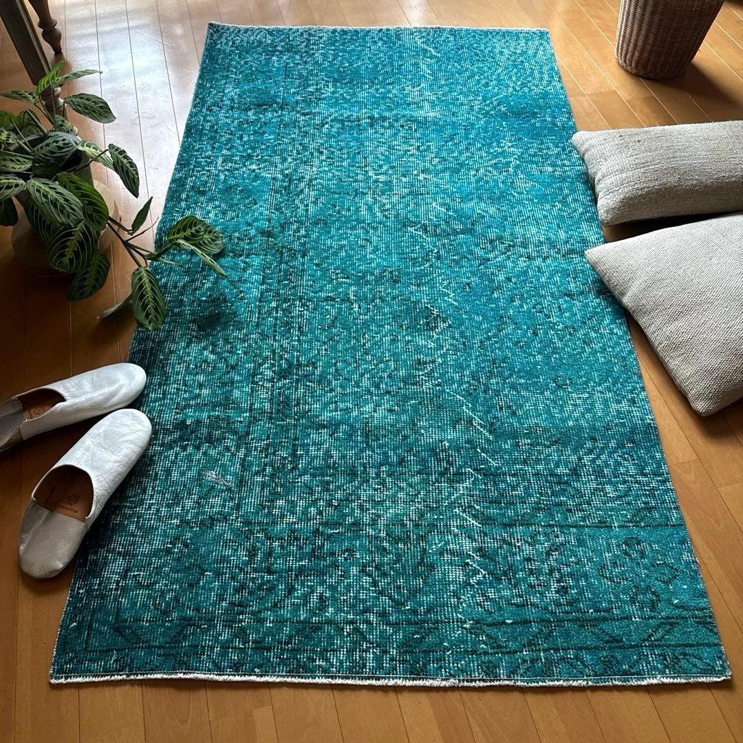 84×152ブルーグリーン　ボタニカルオーバーダイ　トルコヴィンテージラグ