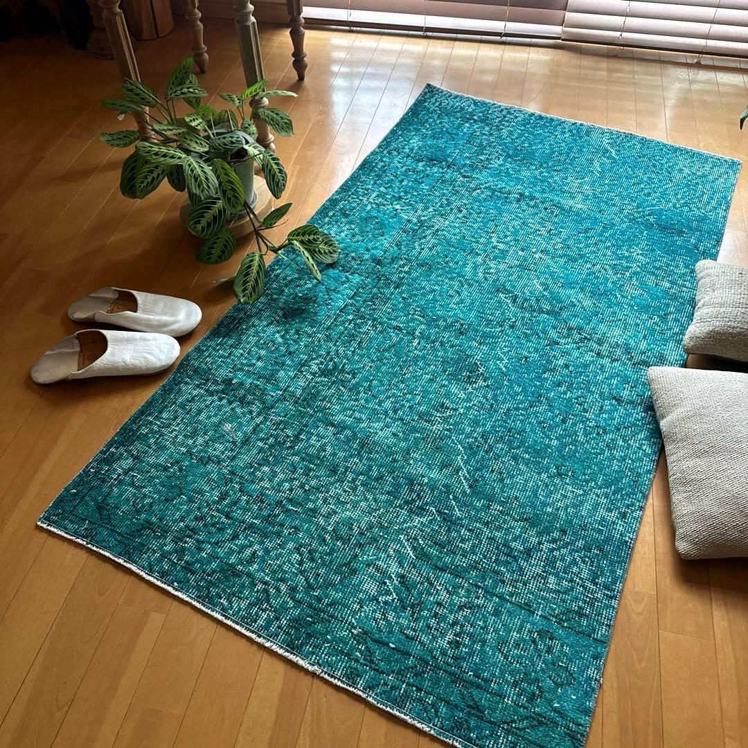 84×152ブルーグリーン　ボタニカルオーバーダイ　トルコヴィンテージラグ