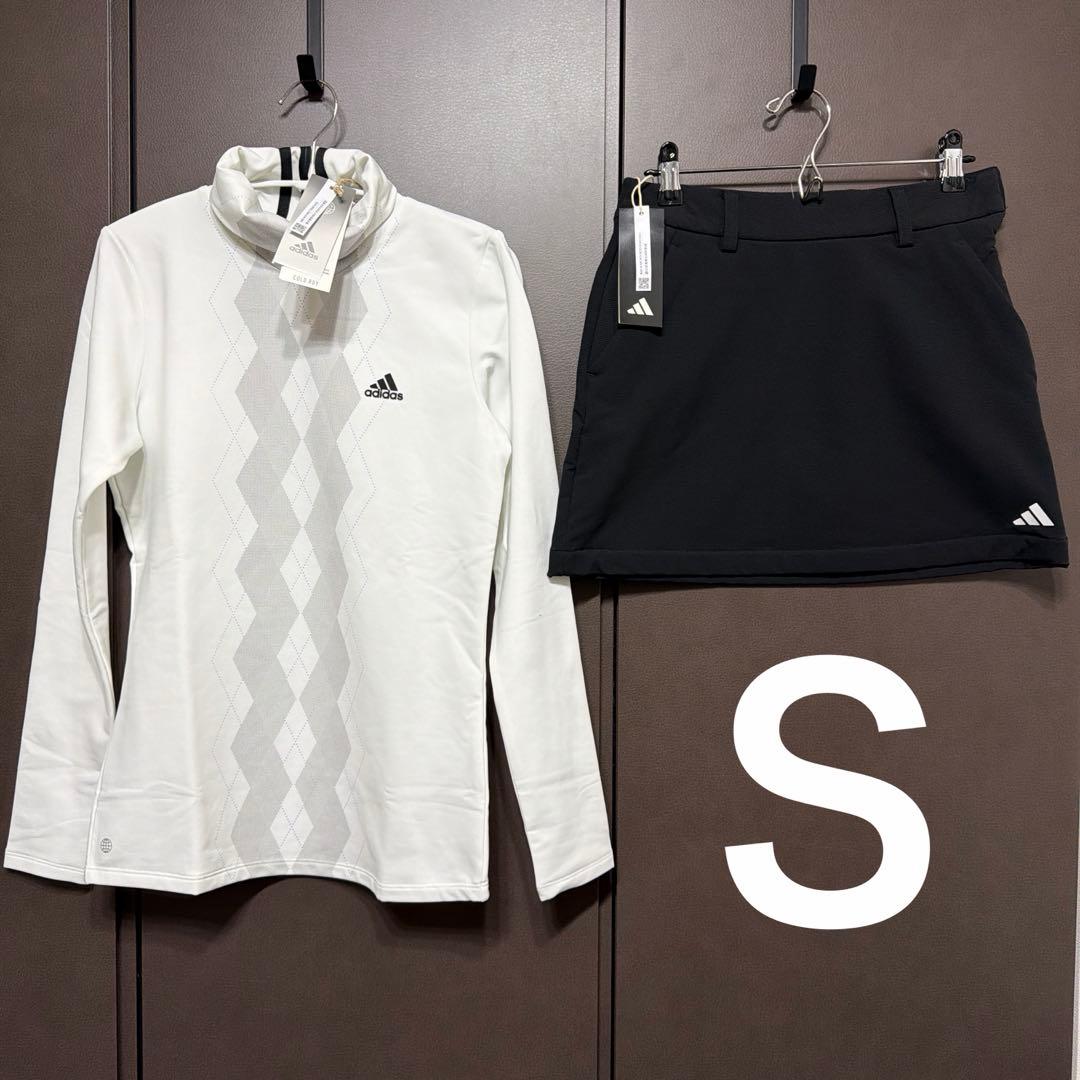 新品✨アディダスゴルフ　上下　タートルネックシャツ　裏起毛スカート　白　黒　Ｓ