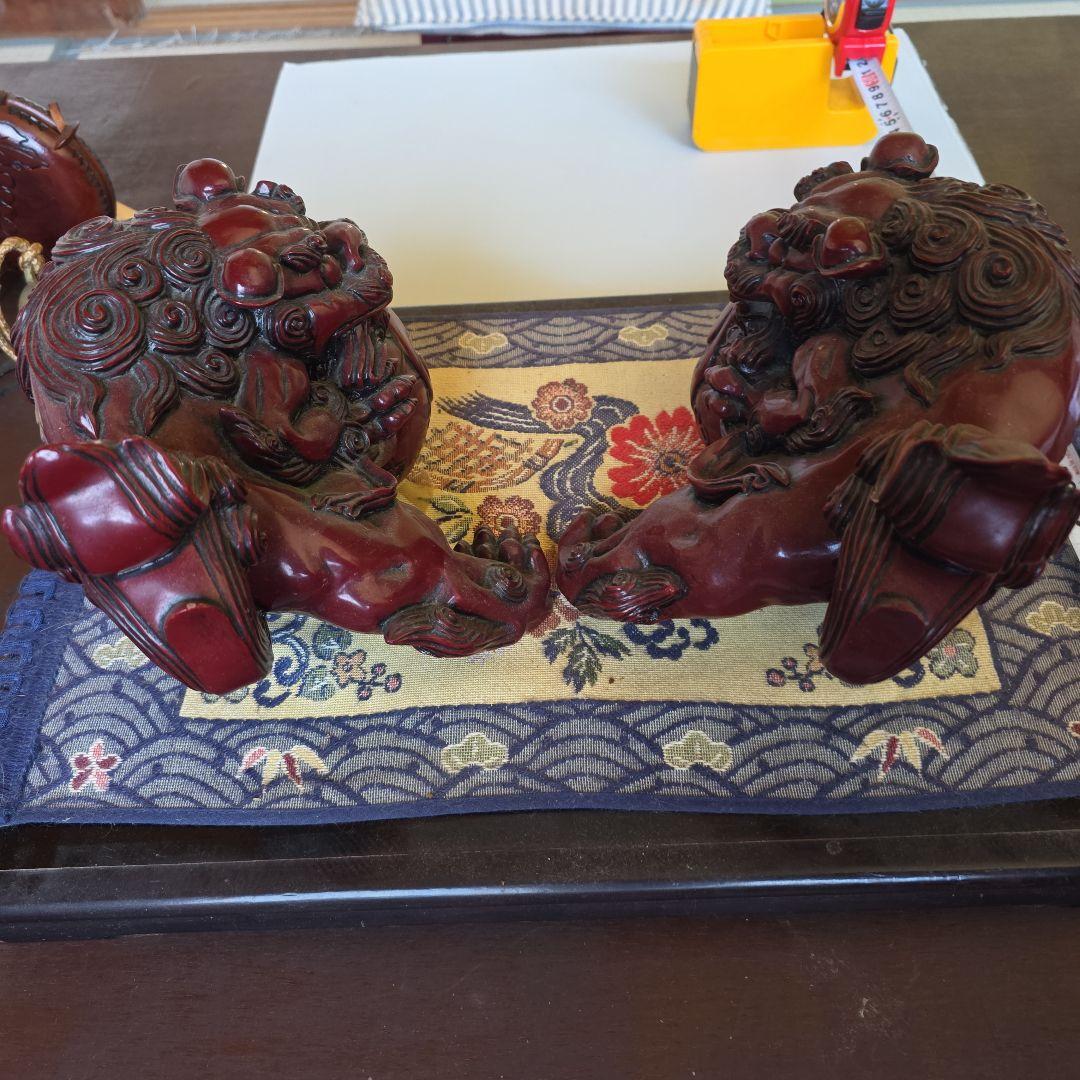 沖縄玉乗りつがいシーサー 獅子像 ダークレッド