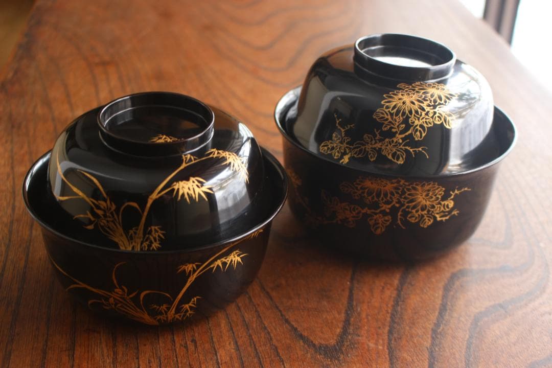 時代逸品！端正な時代黒漆に極上菊蘭蒔絵の映える四つ椀（検懐石道具蒔絵椀茶道具