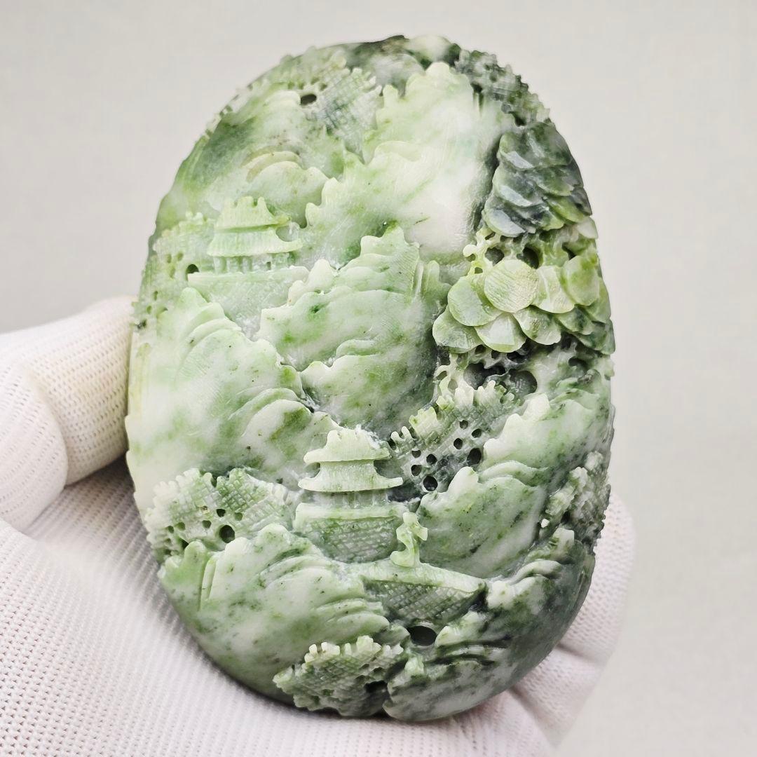 中国古美術 天然石 翡翠 碧玉 手彫 深山訪友紋 超大型玉掛飾 置物 根付 激安