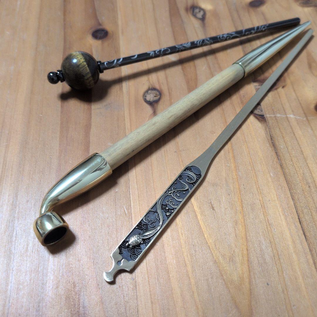 かんざし屋wargo「ichirin簪タイガーアイ＆煙管簪＆日本刀笄一本簪-亀」