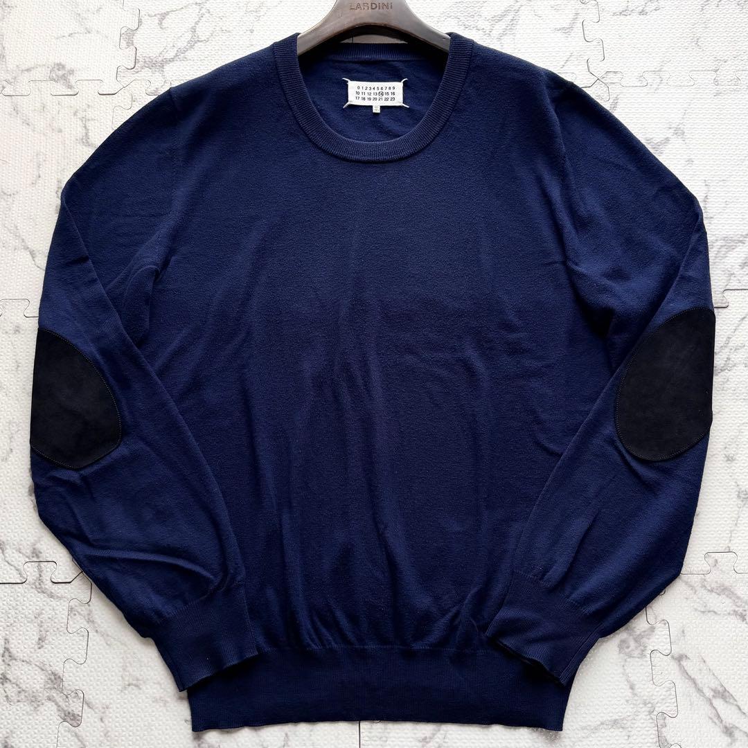 美品✨メゾンマルジェラ クルーネックニット レザーエルボーパッチ ブルー系 XL