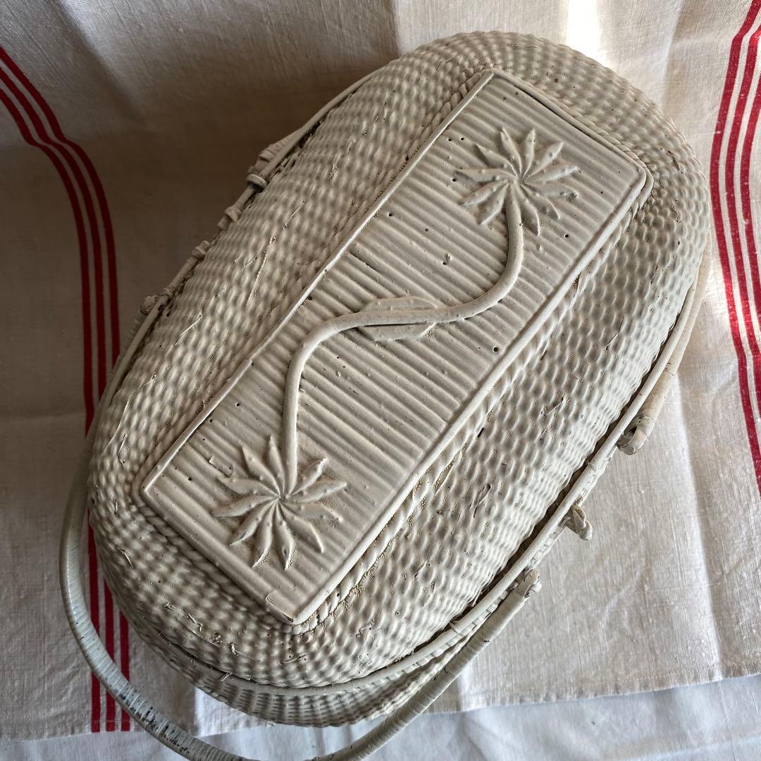 フランス　アンティークパニエ　プロヴァンスプリント　白いかご　ラタンバスケット
