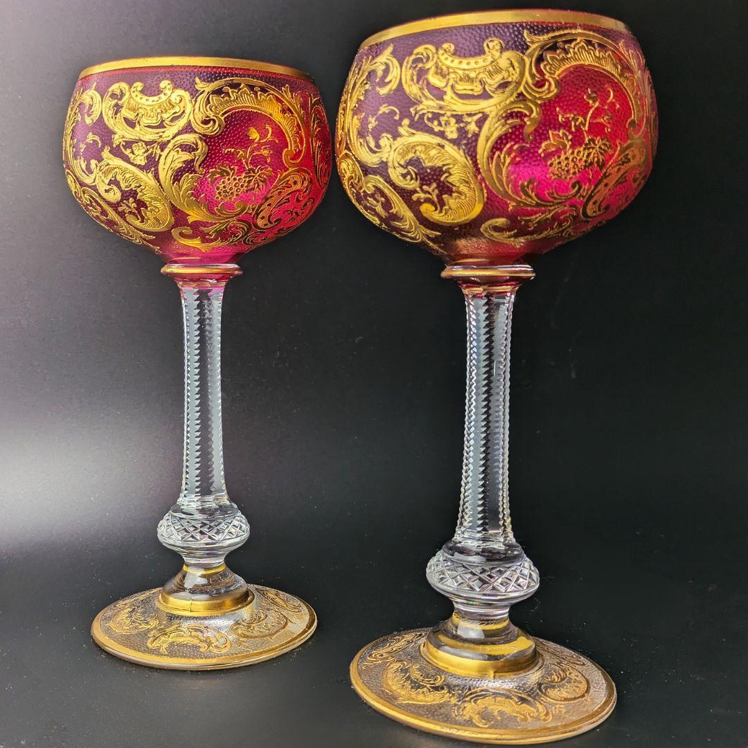 ゴージャスペア★ルビーレッド 17㎝ 金彩 多面カットステム グラス フランス