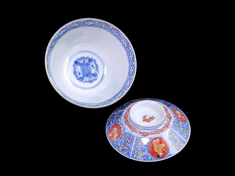 大聖寺伊万里　染錦　鳳凰に唐人　唐草の図　蓋茶碗　２客　A121AS-fbmj