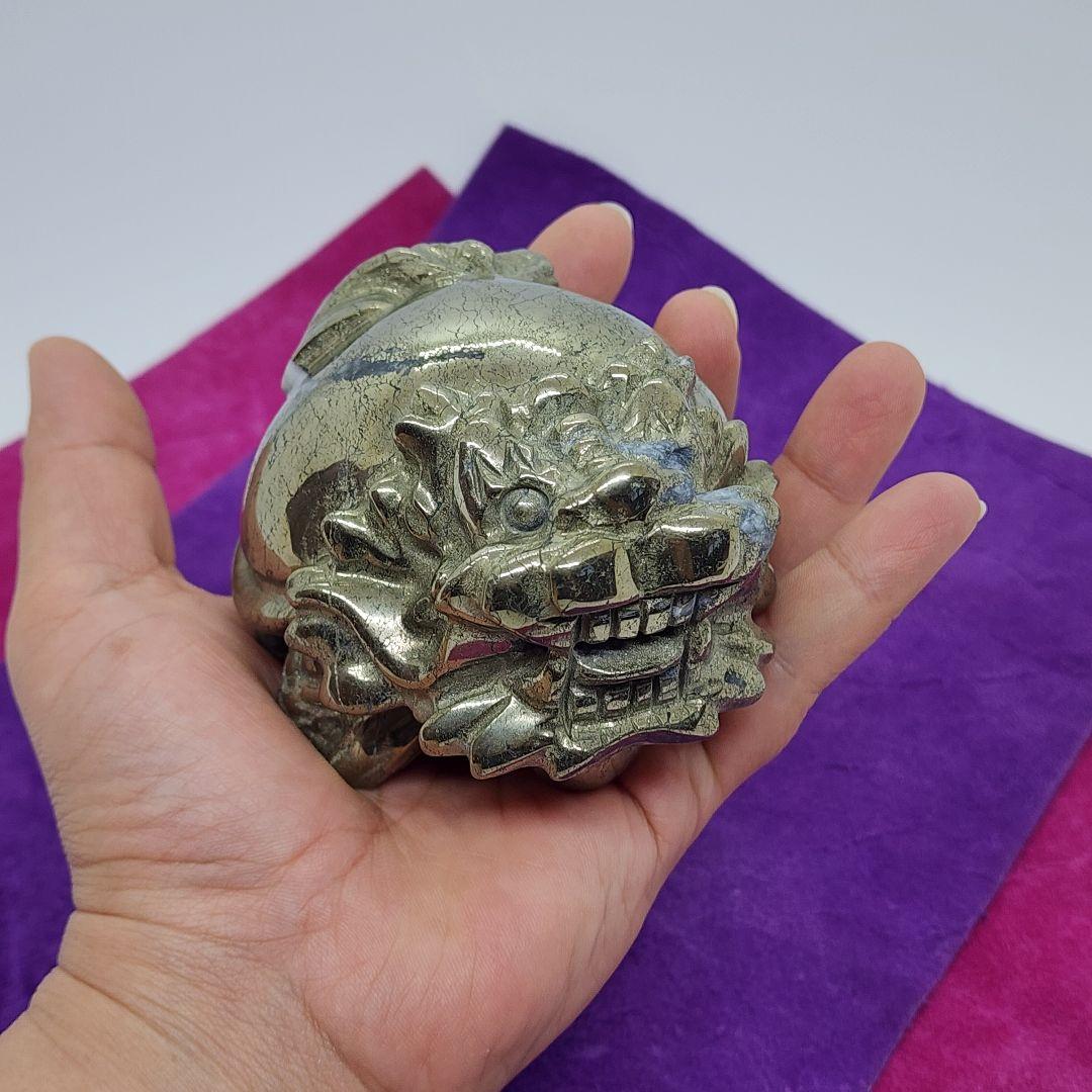 天然石 パイライト 龍亀(ロングイ) 置物 約8cm