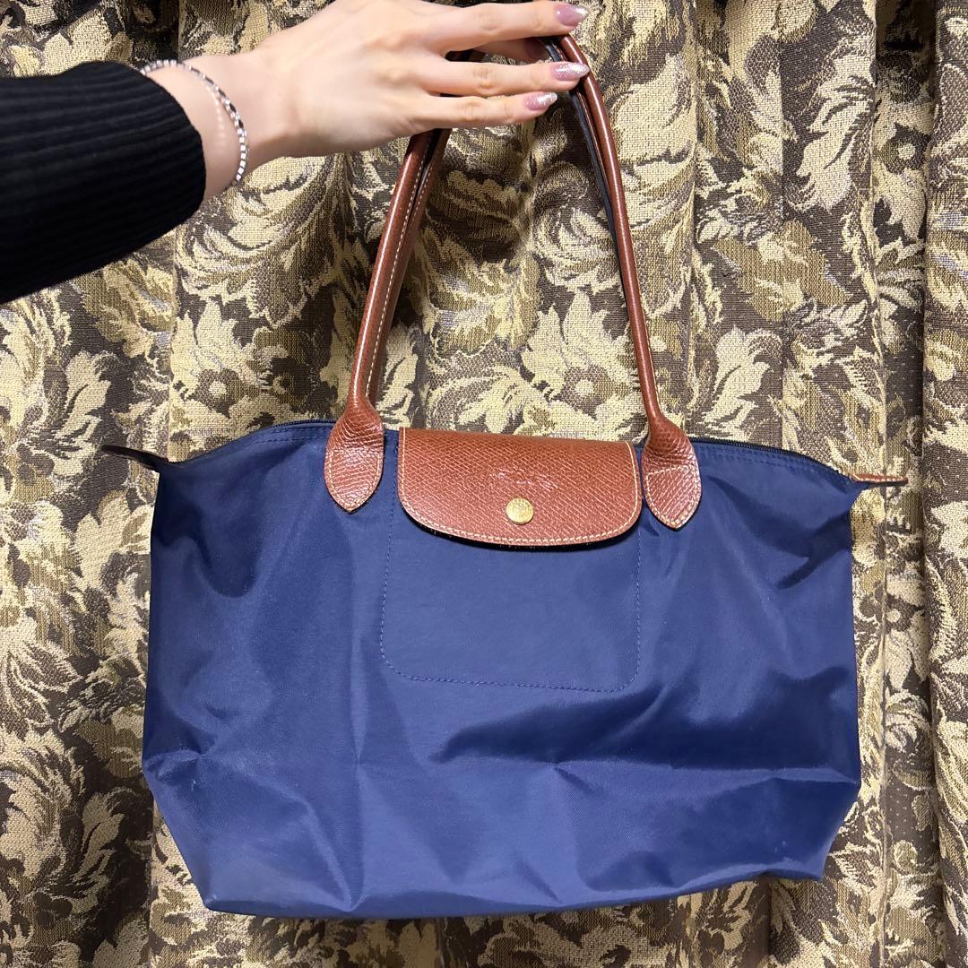 Longchampネイビー ナイロン バッグ ブラウンレザー