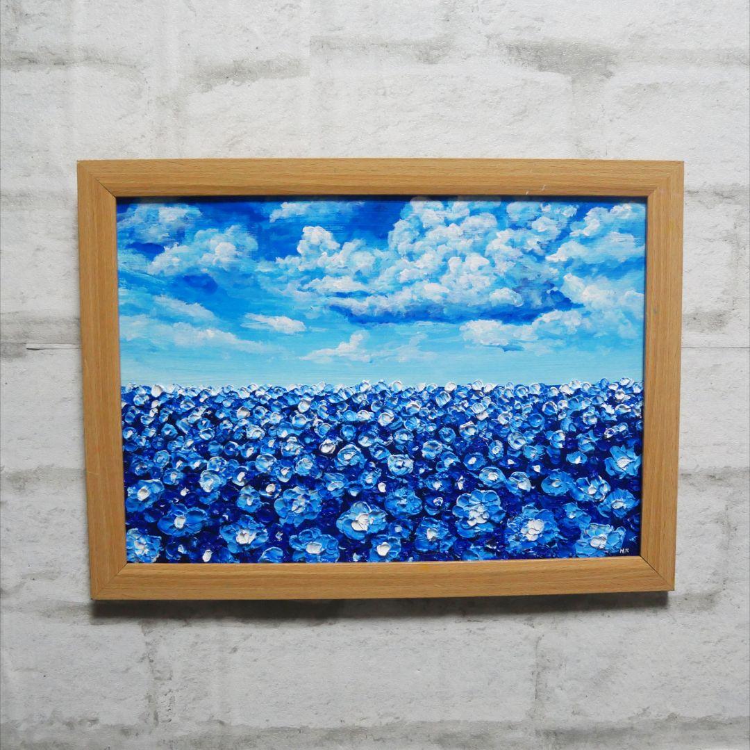 油絵 油彩 油彩画 絵 絵画【青空と雲のネモフィラ】