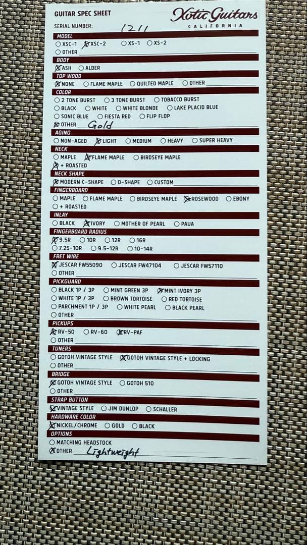 Xotic XSC-2 /3.05kg /Gold /Light Aged仕様