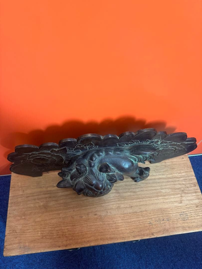 1737 名人　大国寿郎作　牡丹獅子置物　銅製　時代物